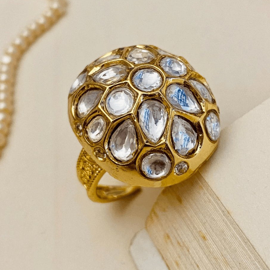 Magnificent Polki Studded Gold Plated Ring - Free size - MR Jewels
