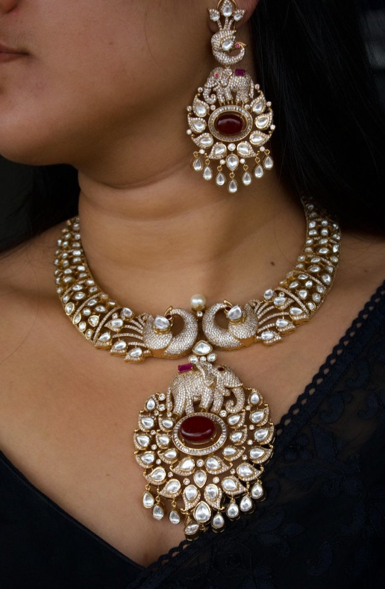 Majestic Elephant Peacock Kundan Necklace Set - MR Jewels