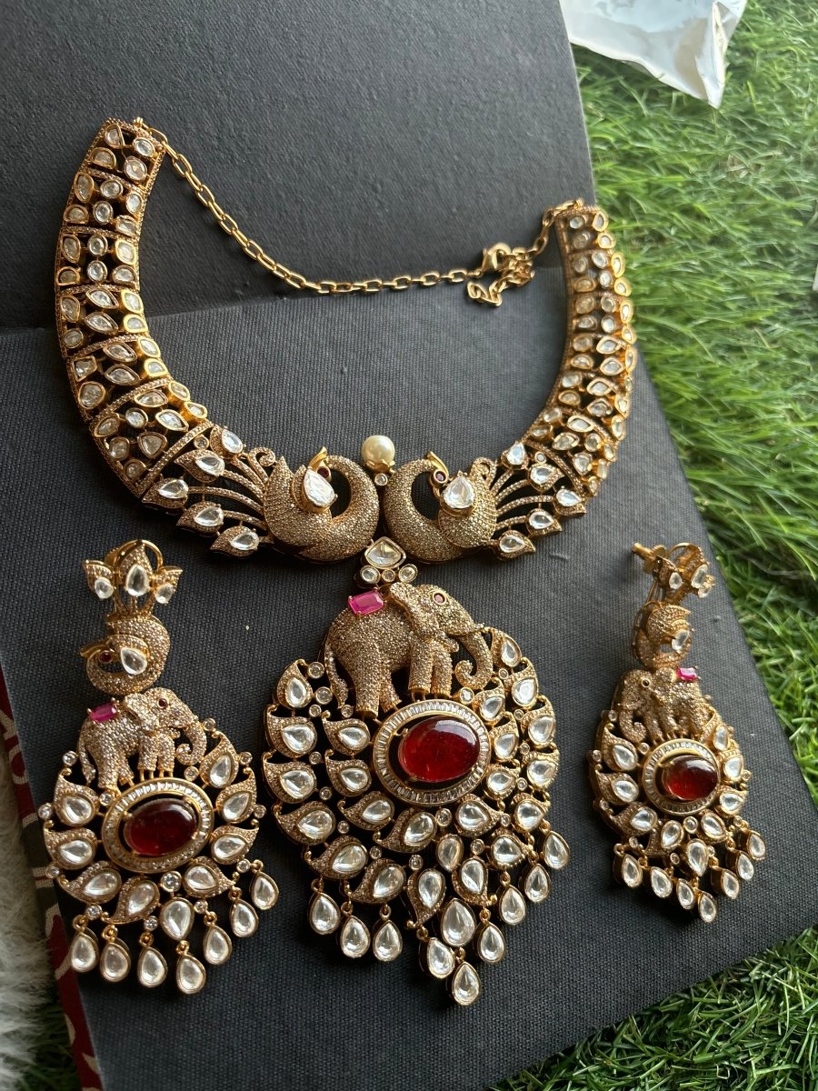 Majestic Elephant Peacock Kundan Necklace Set - MR Jewels