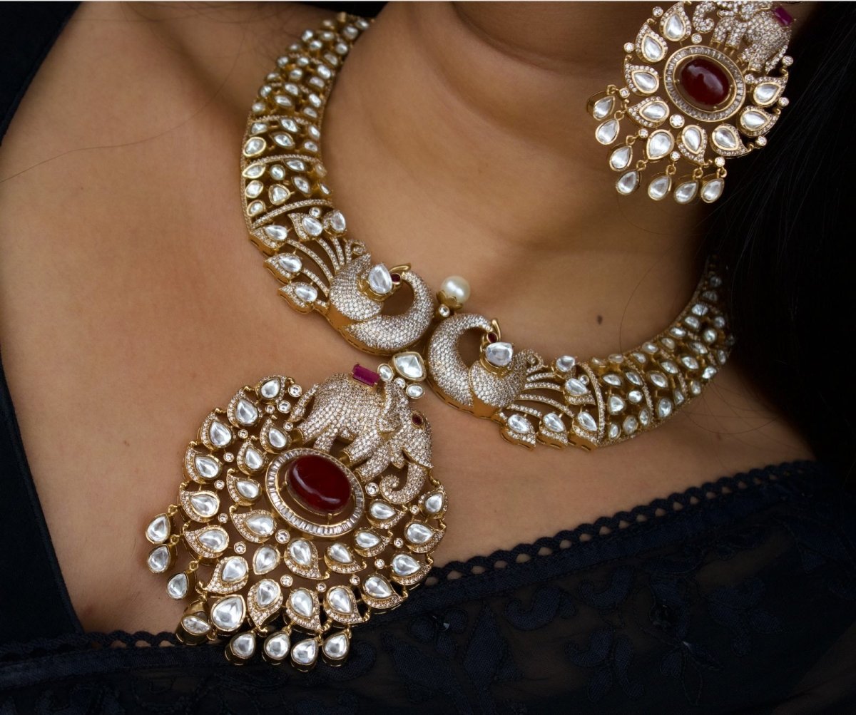 Majestic Elephant Peacock Kundan Necklace Set - MR Jewels