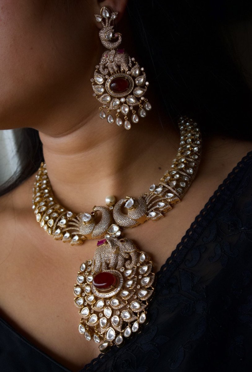 Majestic Elephant Peacock Kundan Necklace Set - MR Jewels