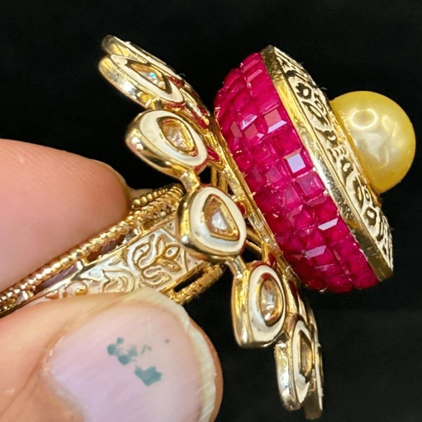 Majestic Pearl Ruby Ring – Timeless Elegance - Free Size - MR Jewels