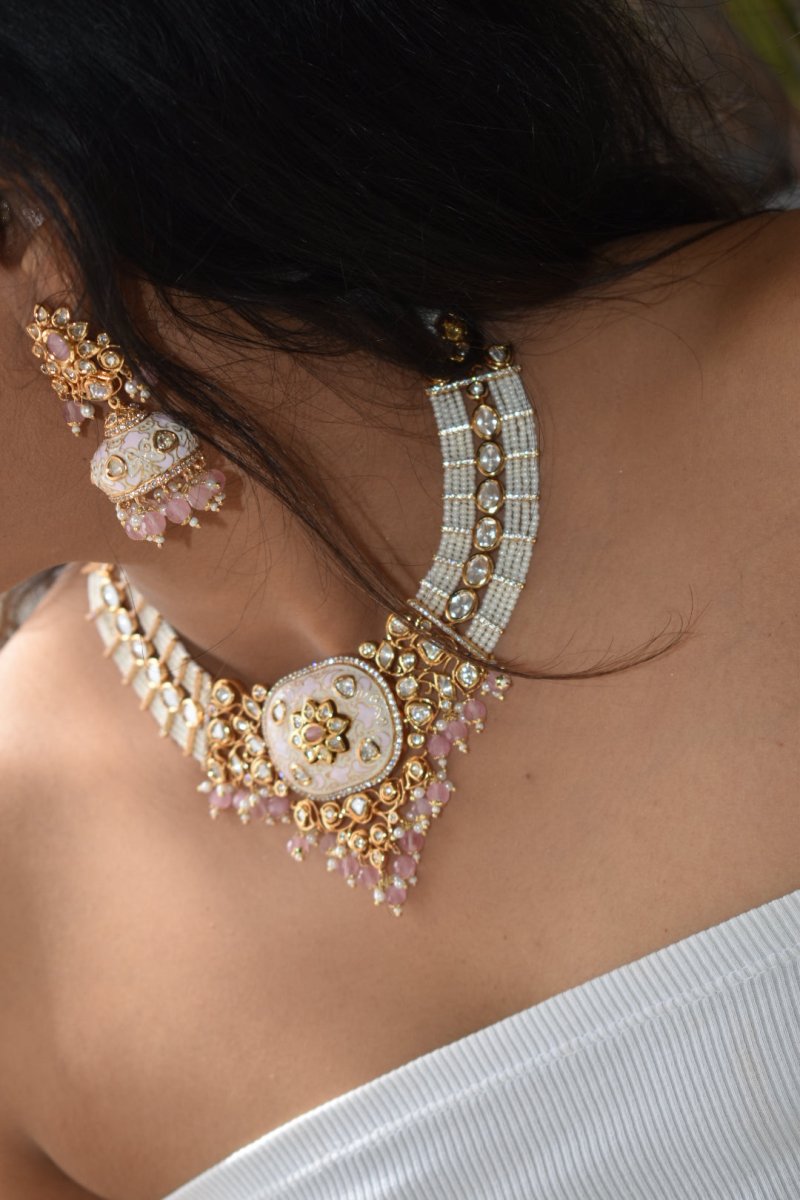 Meenakari Kundan necklace set with matching jhumki and maangtikka - MR Jewels