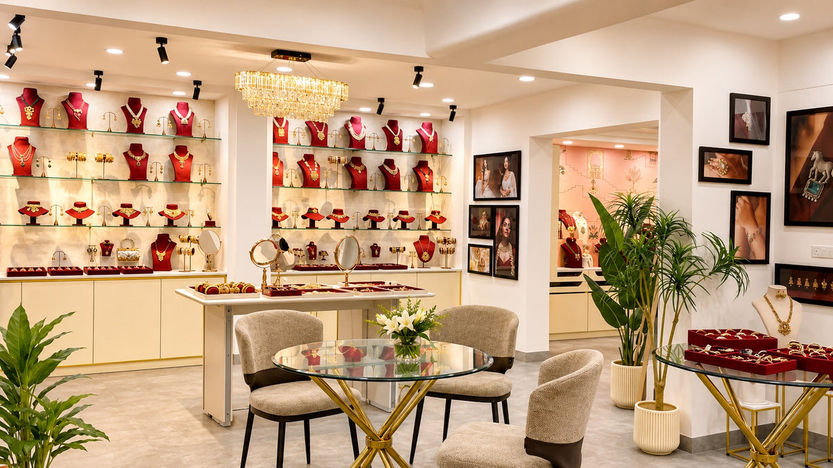 Warm MRJewels showroom with jewellery displays, chandelier, consultation table and seating