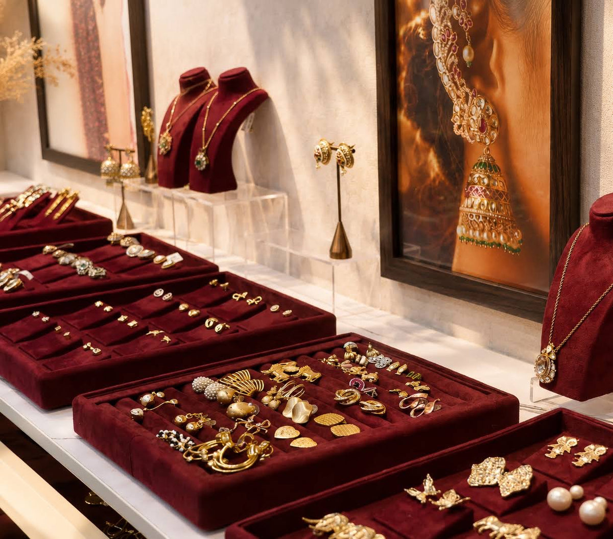 Gold-toned artificial jewellery arranged on burgundy presentation trays