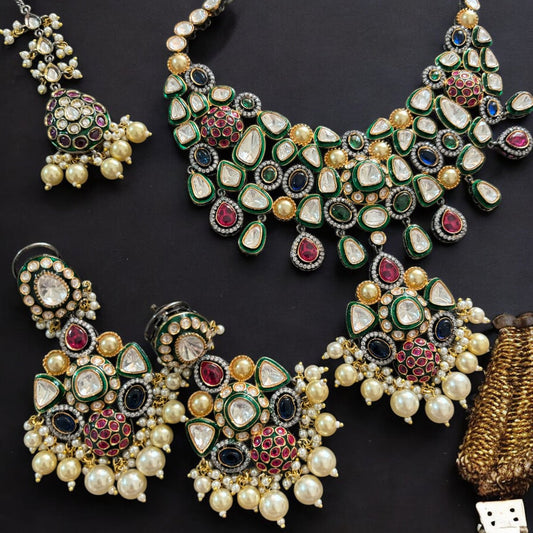 Multicolored Gems Victorian Necklace set with matching earrings and maangtikka - MR Jewels