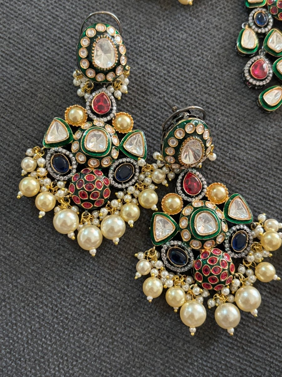 Multicolored Gems Victorian Necklace set with matching earrings and maangtikka - MR Jewels
