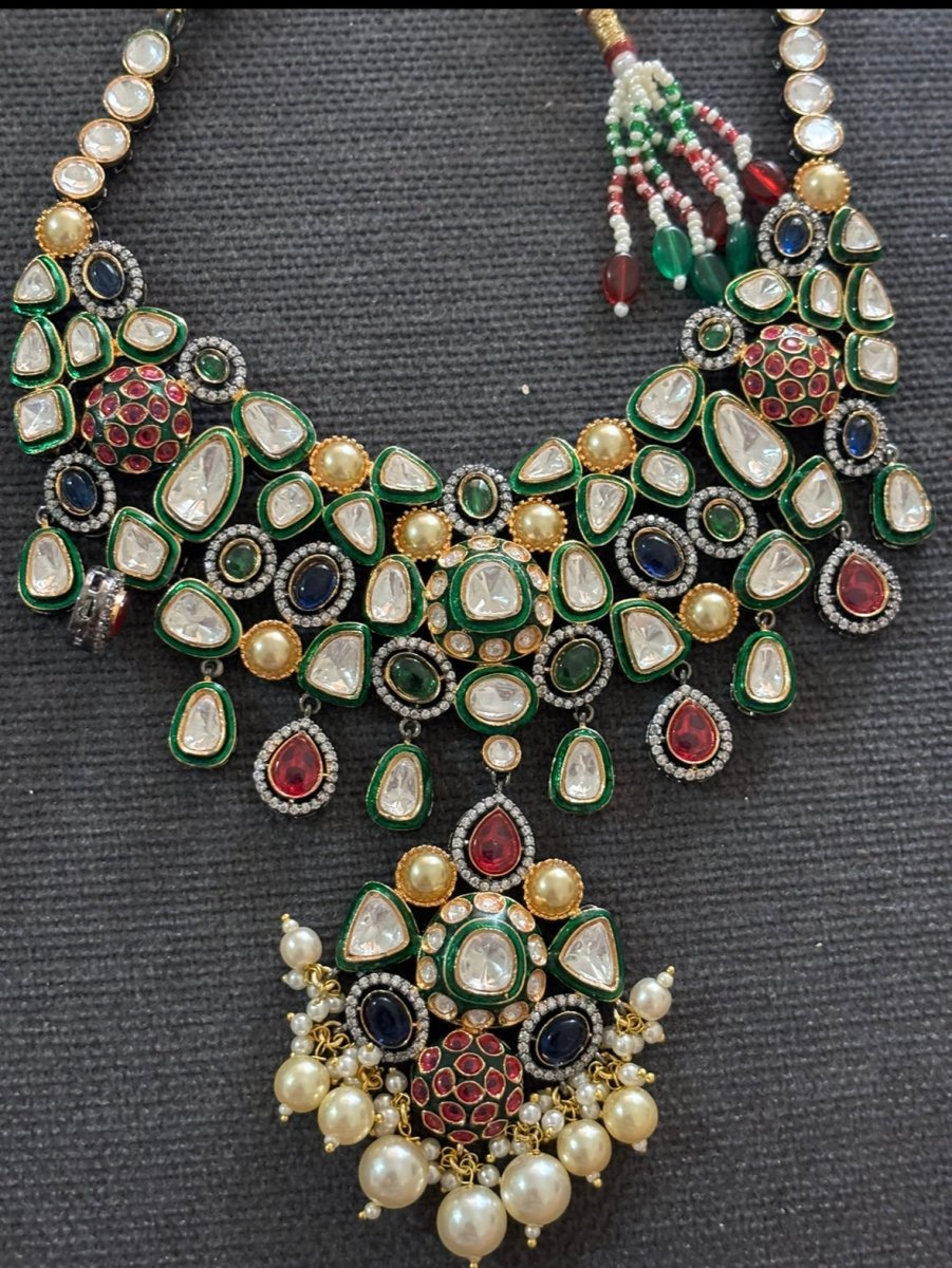 Multicolored Gems Victorian Necklace set with matching earrings and maangtikka - MR Jewels
