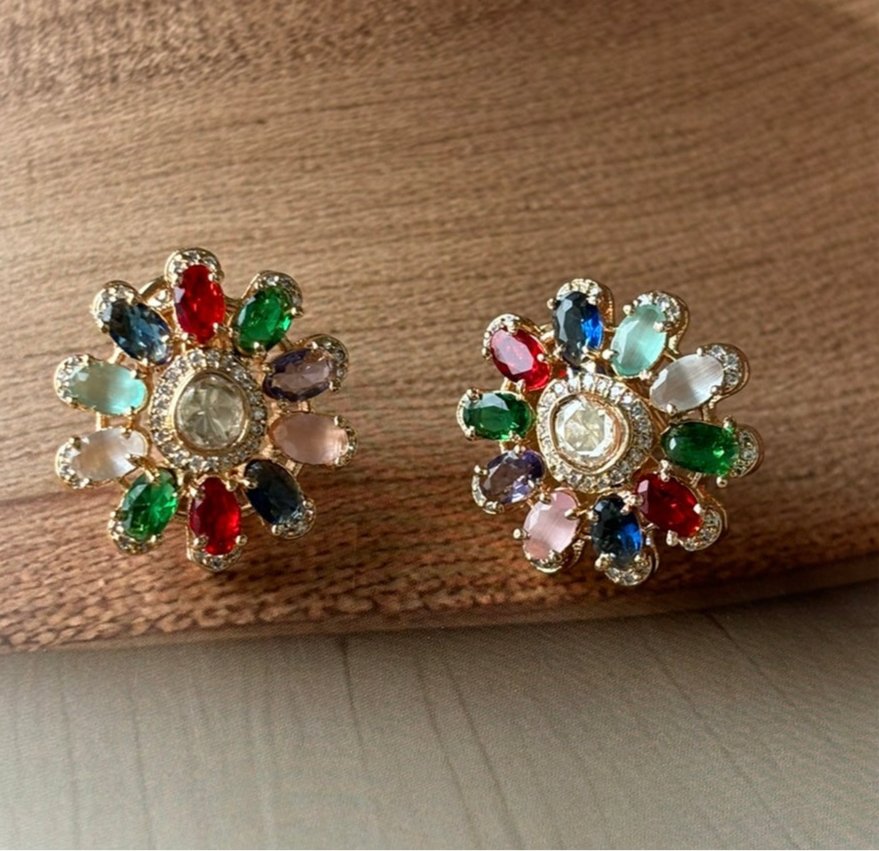 Natural Multi - Color Tourmaline, Opal & Diamond Flower Shape Earrings - MR Jewels