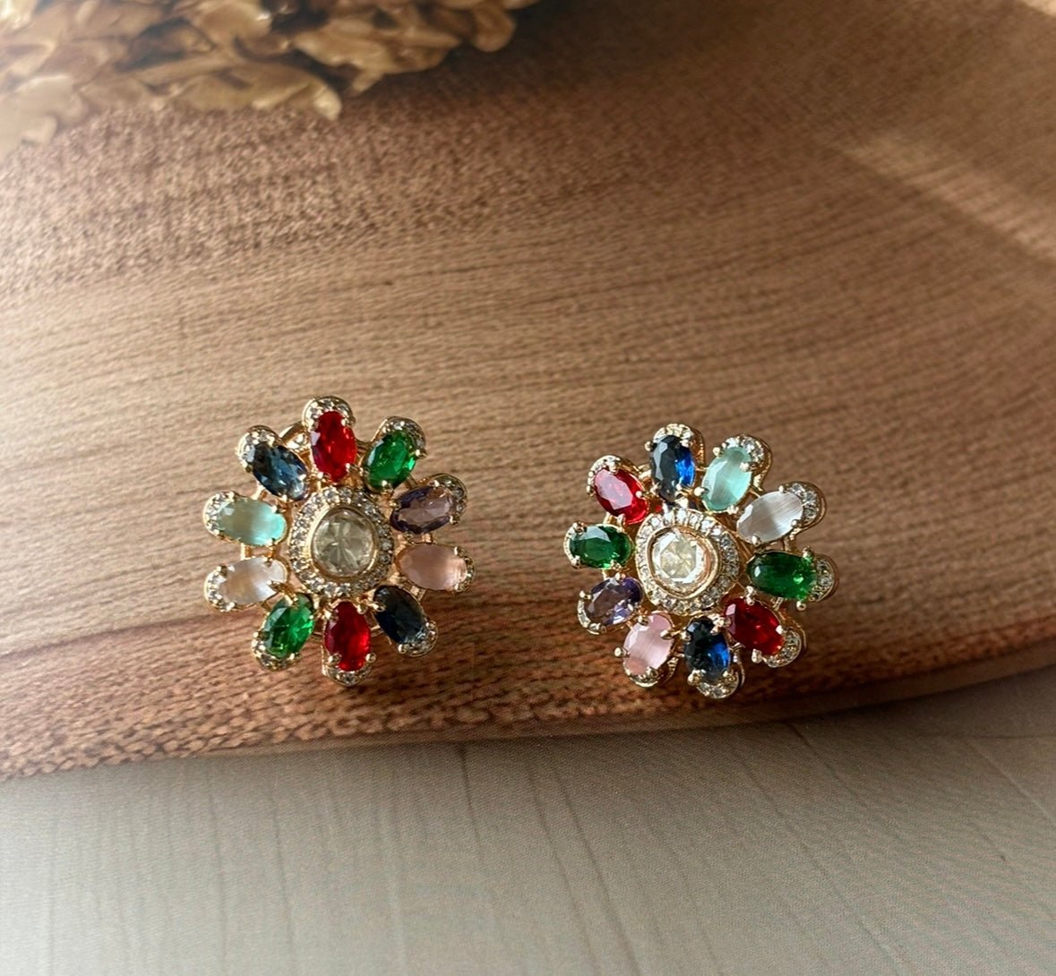 Natural Multi - Color Tourmaline, Opal & Diamond Flower Shape Earrings - MR Jewels