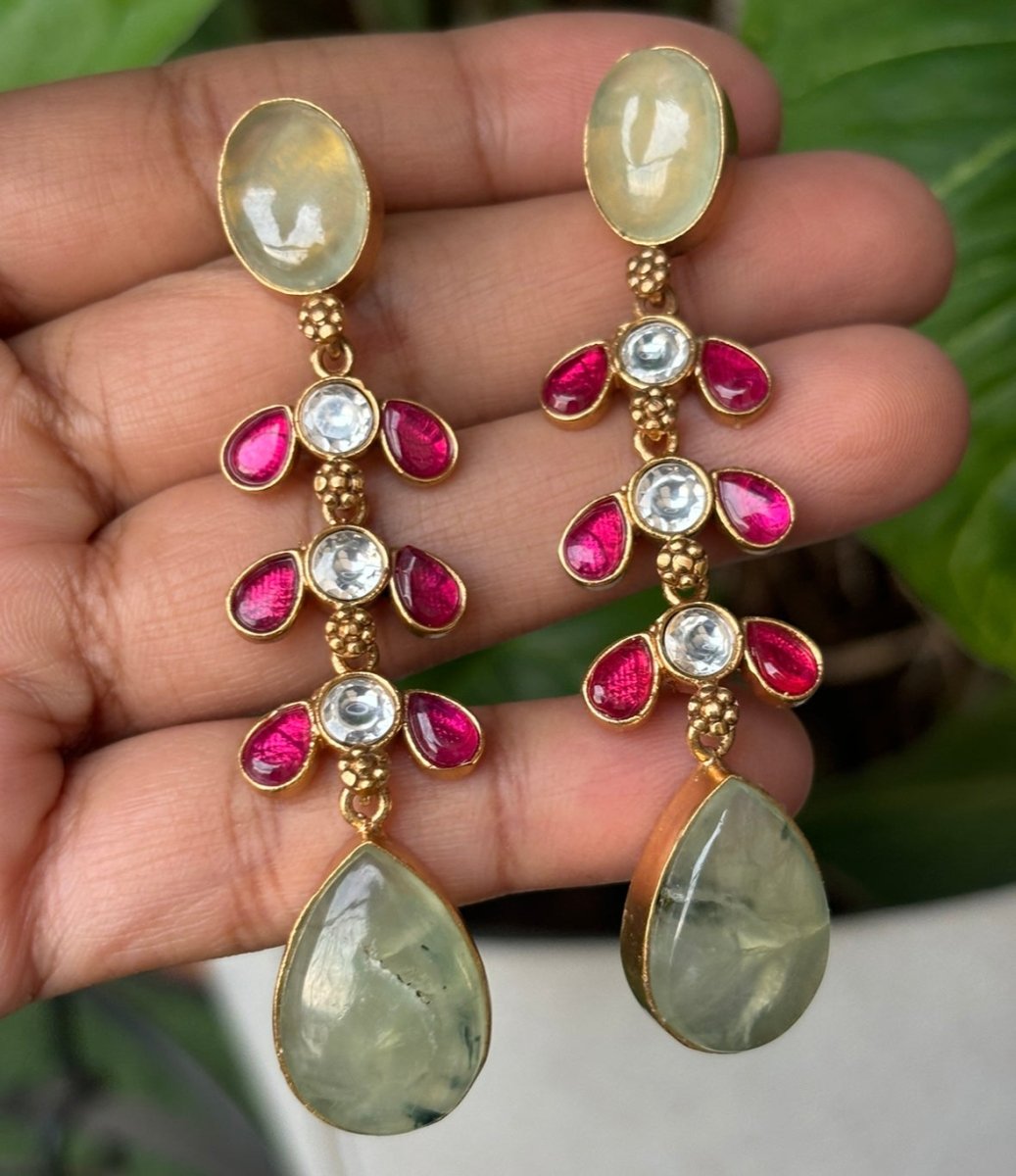 Natural Stone long kundan Earrings - MR Jewels