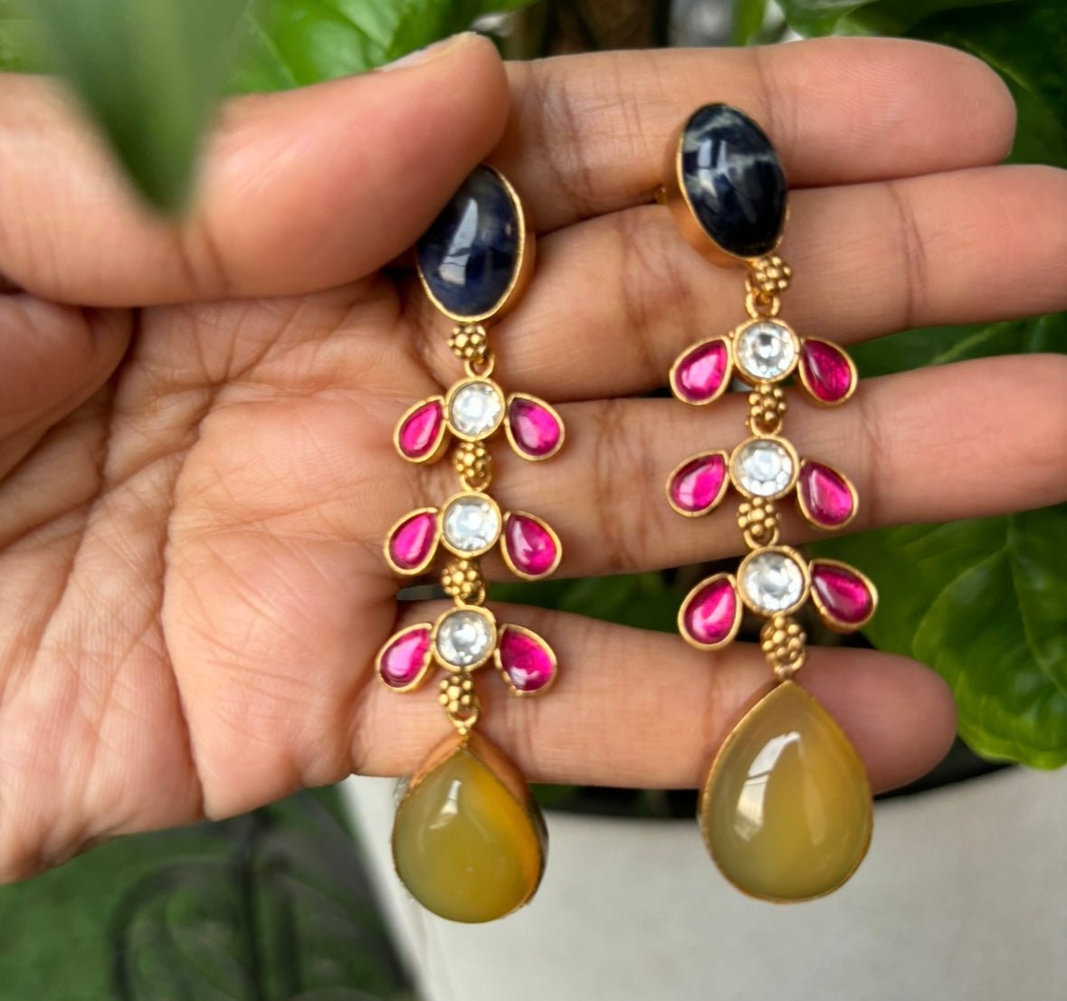 Natural Stone long kundan Earrings - MR Jewels