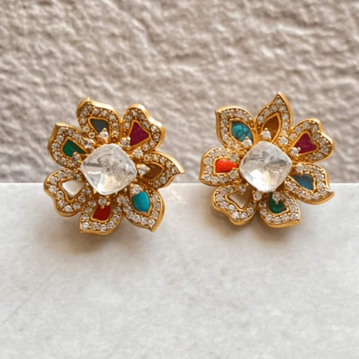 Navratan Earring Moissanite Polki Kundan Studs Sabyasachi Inspired Uncut Polki Diamond Studs - MR Jewels