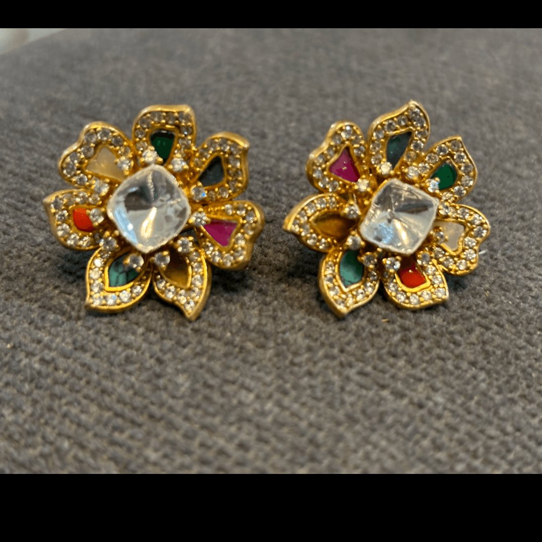 Navratan Earring Moissanite Polki Kundan Studs Sabyasachi Inspired Uncut Polki Diamond Studs - MR Jewels