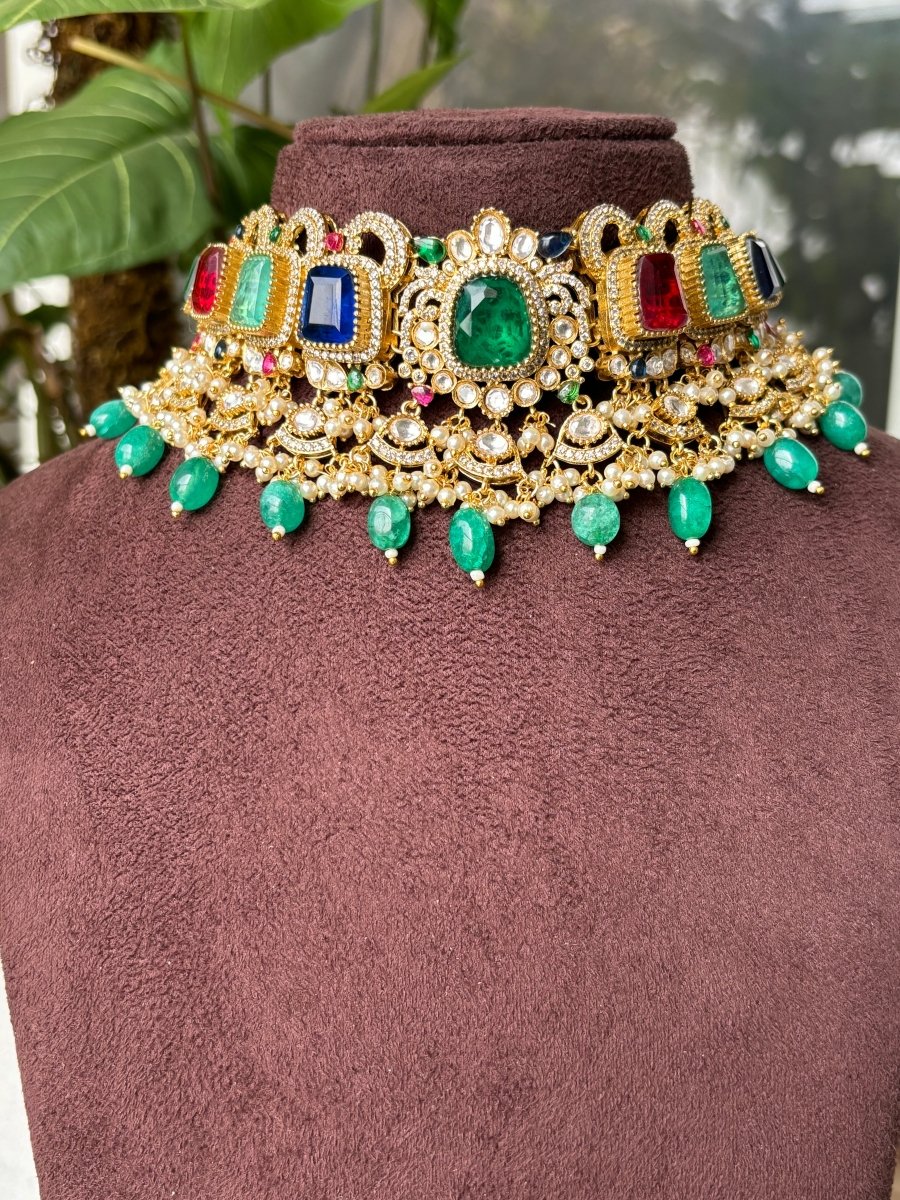 Navrattan Choker doublet stones with matching earrings - MR Jewels