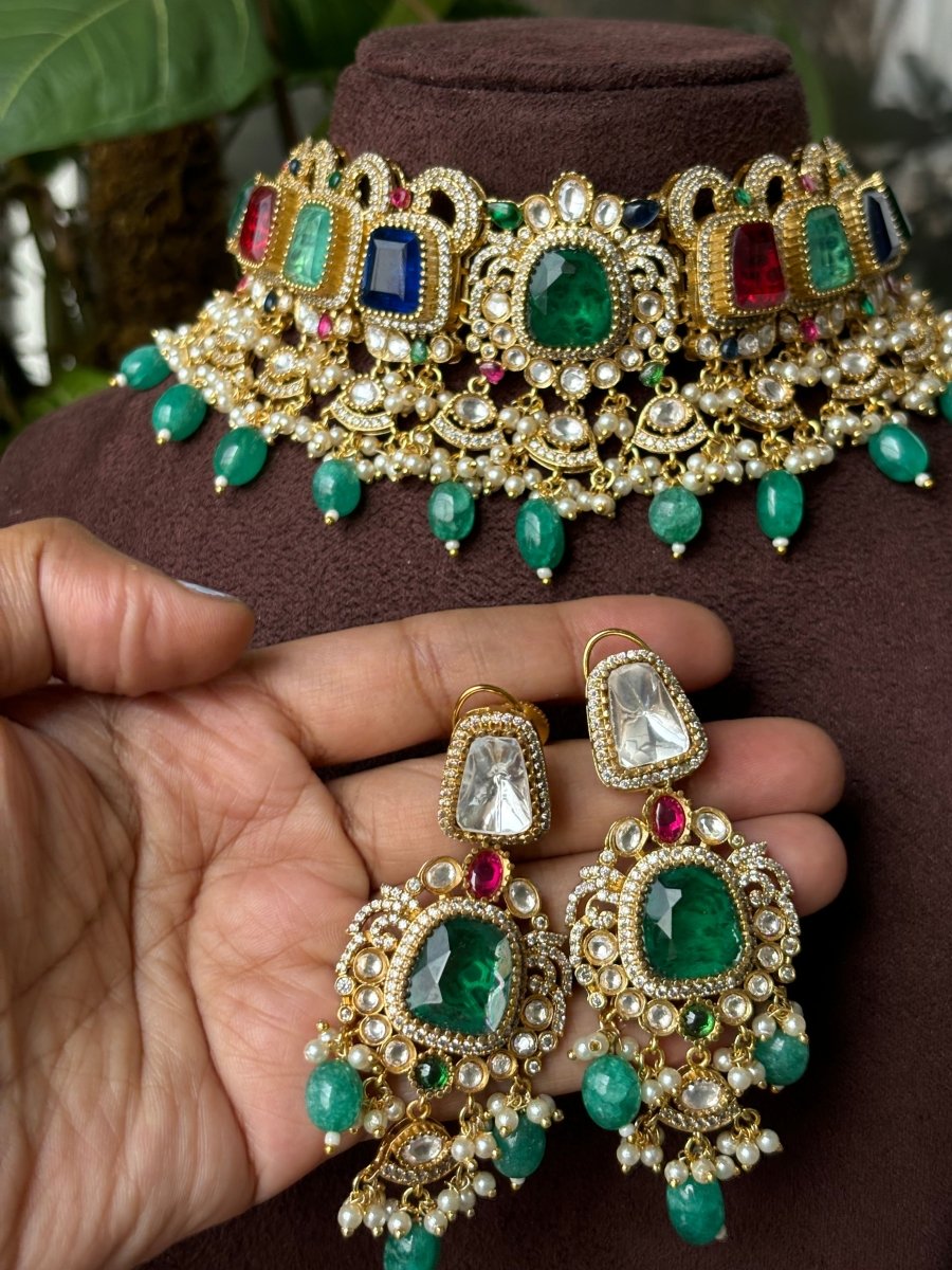 Navrattan Choker doublet stones with matching earrings - MR Jewels