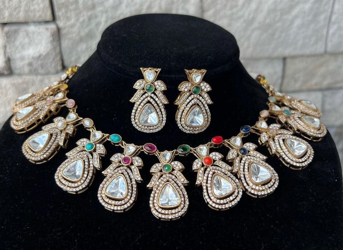 Navrattan Necklace set adorned with moissanite stones - MR Jewels