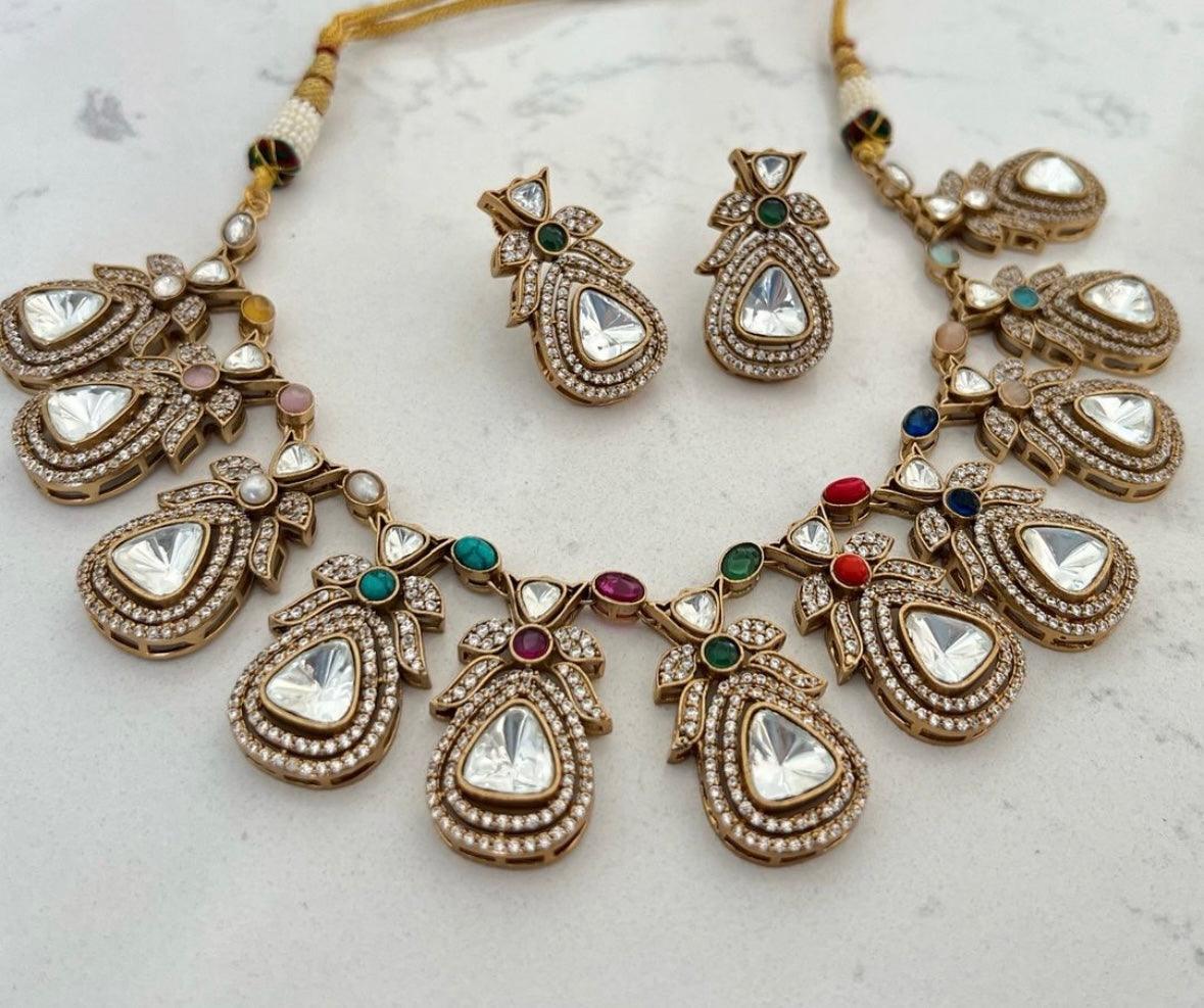 Navrattan Necklace set adorned with moissanite stones - MR Jewels