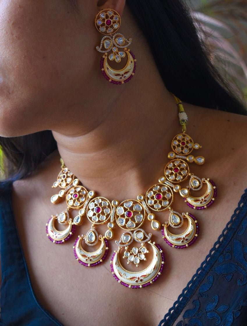 Navya Crescent uncut Kundan Jewelry Set with matching earrings and maangtikka - MR Jewels