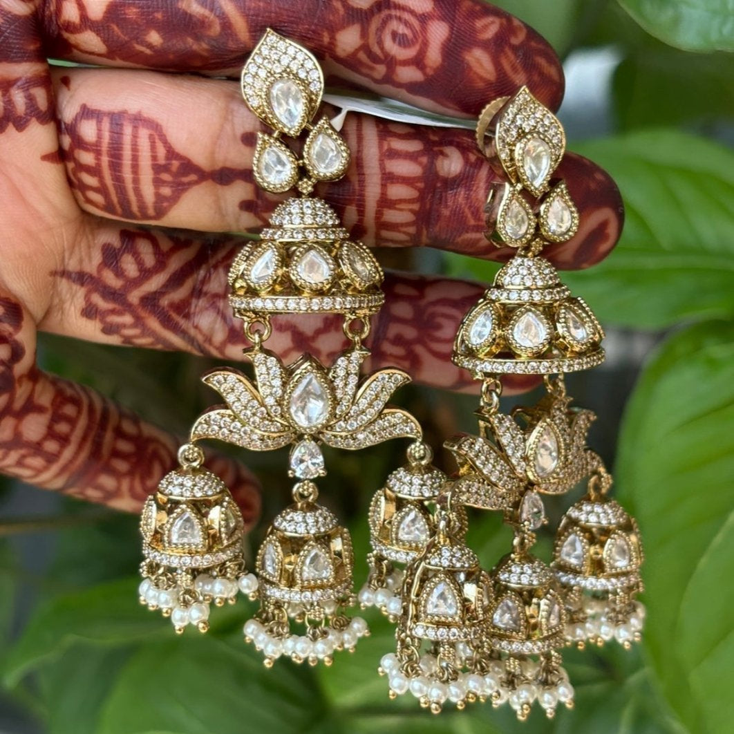 Nirali Lotus Kundan Pearl Jhumkas - MR Jewels