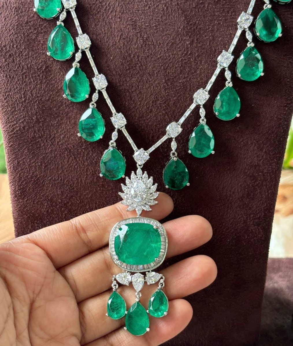 Nita Ambani inspired long Emerald Necklace set - MR Jewels