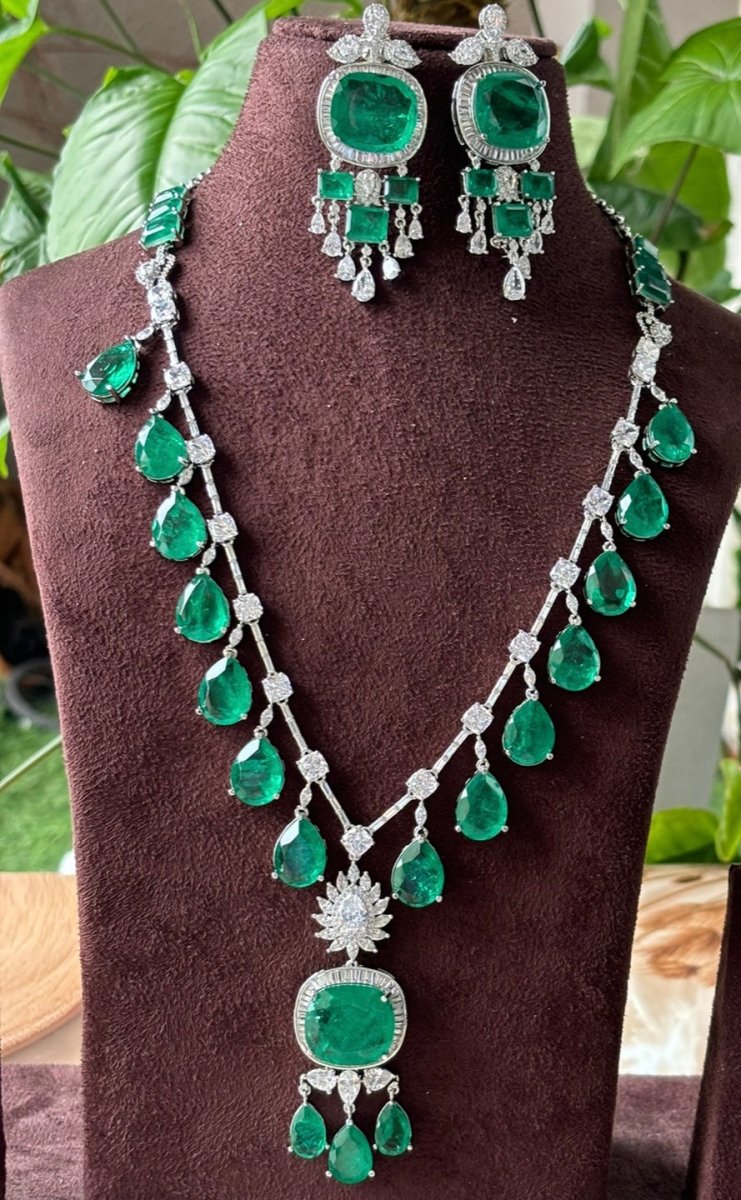 Nita Ambani inspired long Emerald Necklace set - MR Jewels