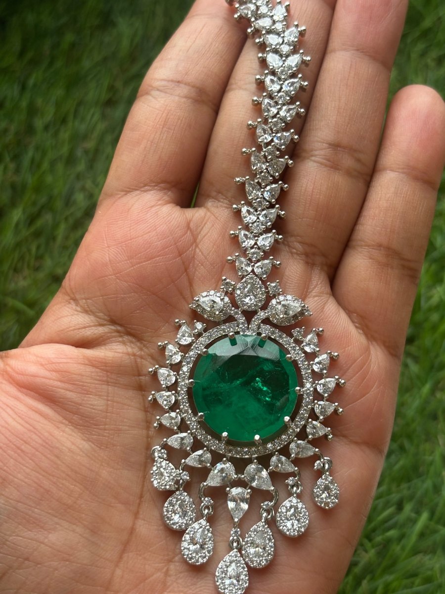 Nita Ambani inspired long Emerald Necklace set with matching earrings and maangtikka - MR Jewels