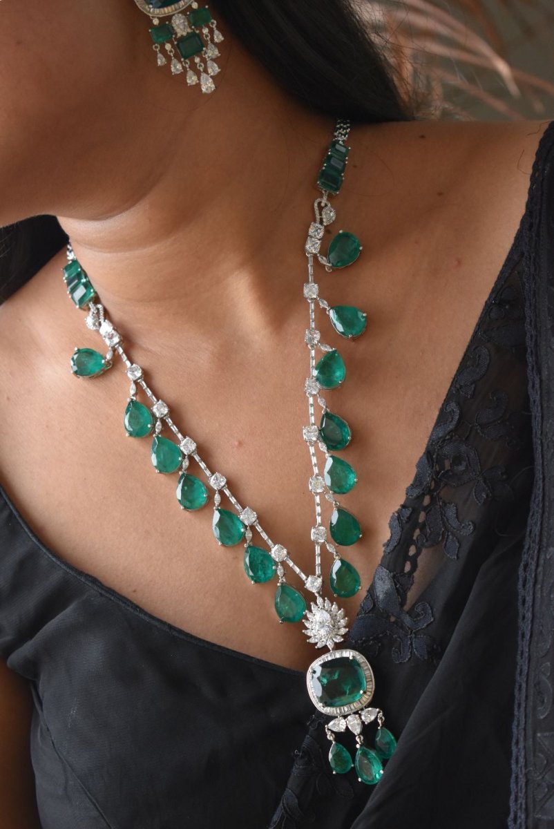 Nita Ambani inspired long Emerald Necklace set with matching earrings and maangtikka - MR Jewels