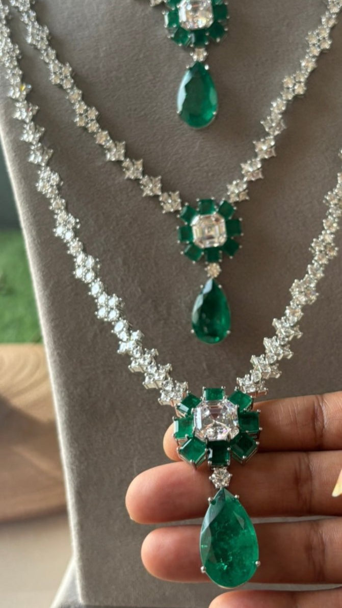 Nita Ambani - Inspired Three - Layered Premium Emerald Set - MR Jewels