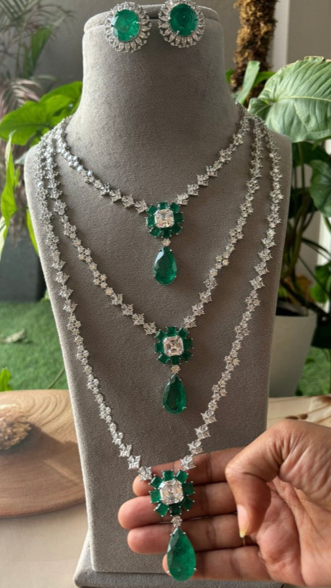 Nita Ambani - Inspired Three - Layered Premium Emerald Set - MR Jewels
