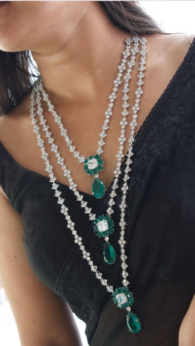 Nita Ambani - Inspired Three - Layered Premium Emerald Set - MR Jewels