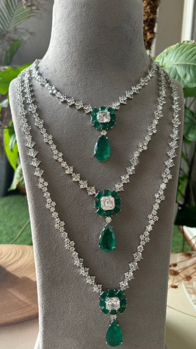 Nita Ambani - Inspired Three - Layered Premium Emerald Set - MR Jewels
