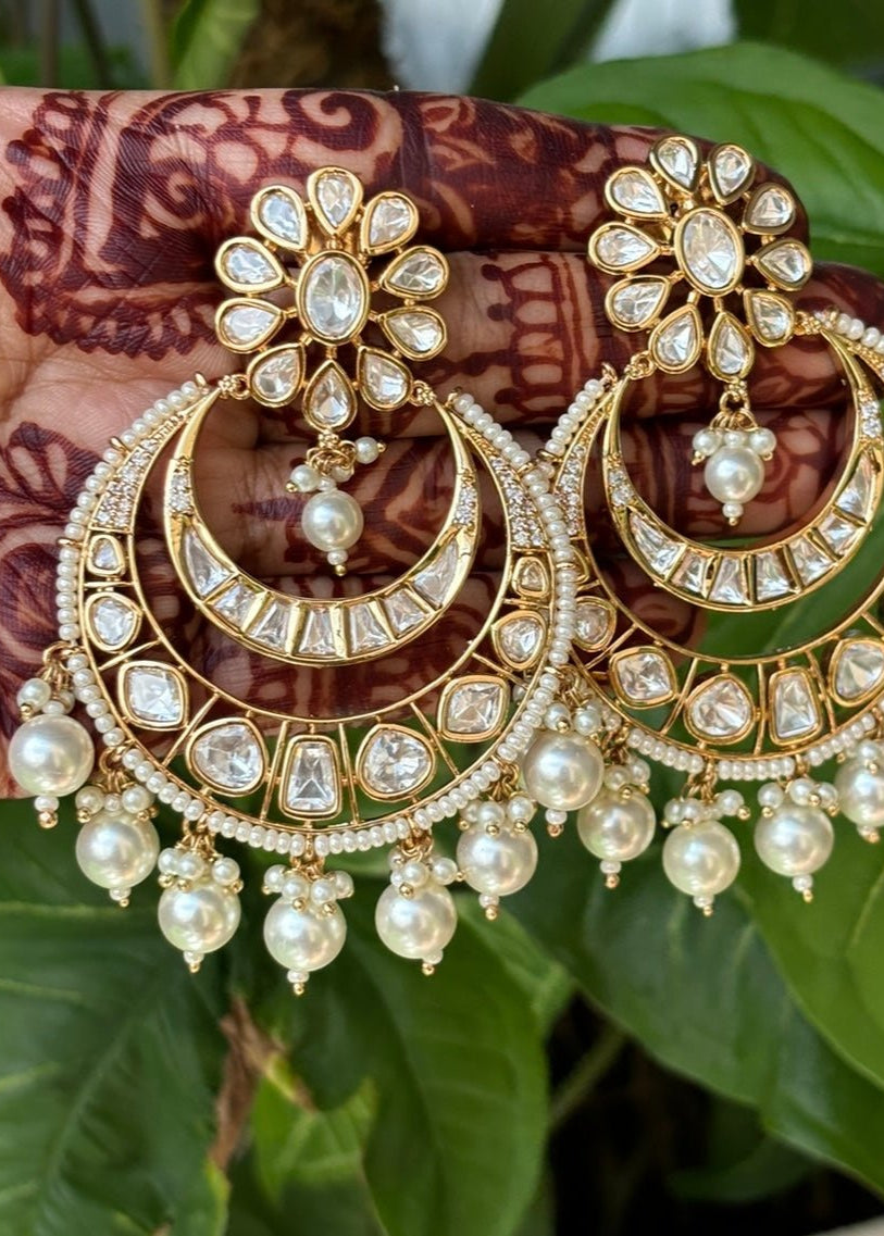 Noor Mahal Kundan Pearl Chandbali Earrings - MR Jewels