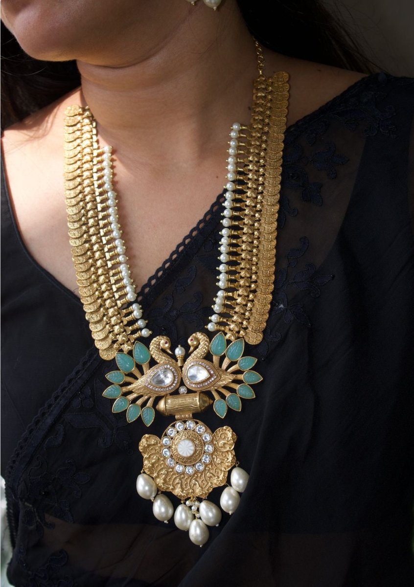 Peacock Fusion Gold Coin Haram Necklace - MR Jewels