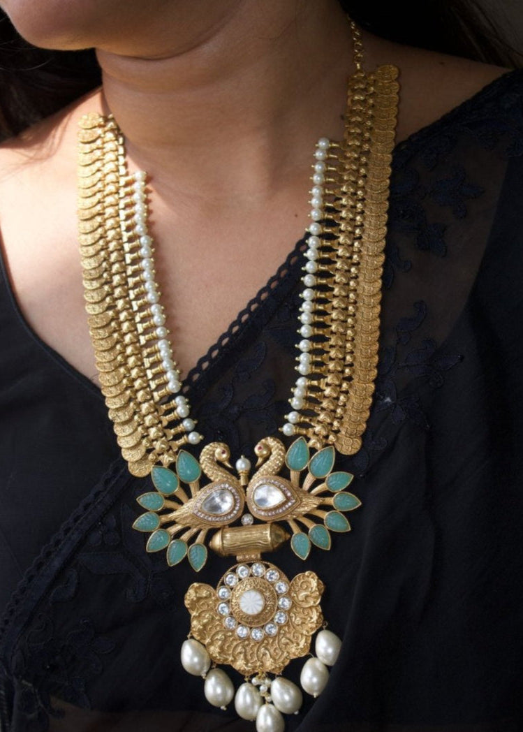 Peacock Fusion Gold Coin Haram Necklace - MR Jewels