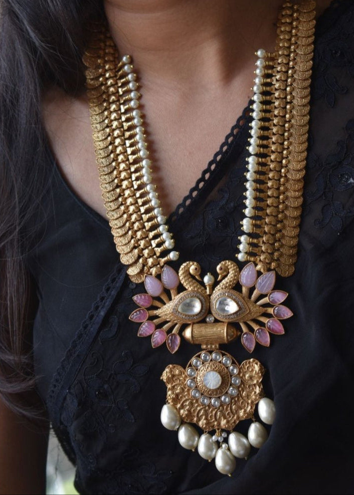 Peacock Fusion Gold Coin Haram Necklace - MR Jewels