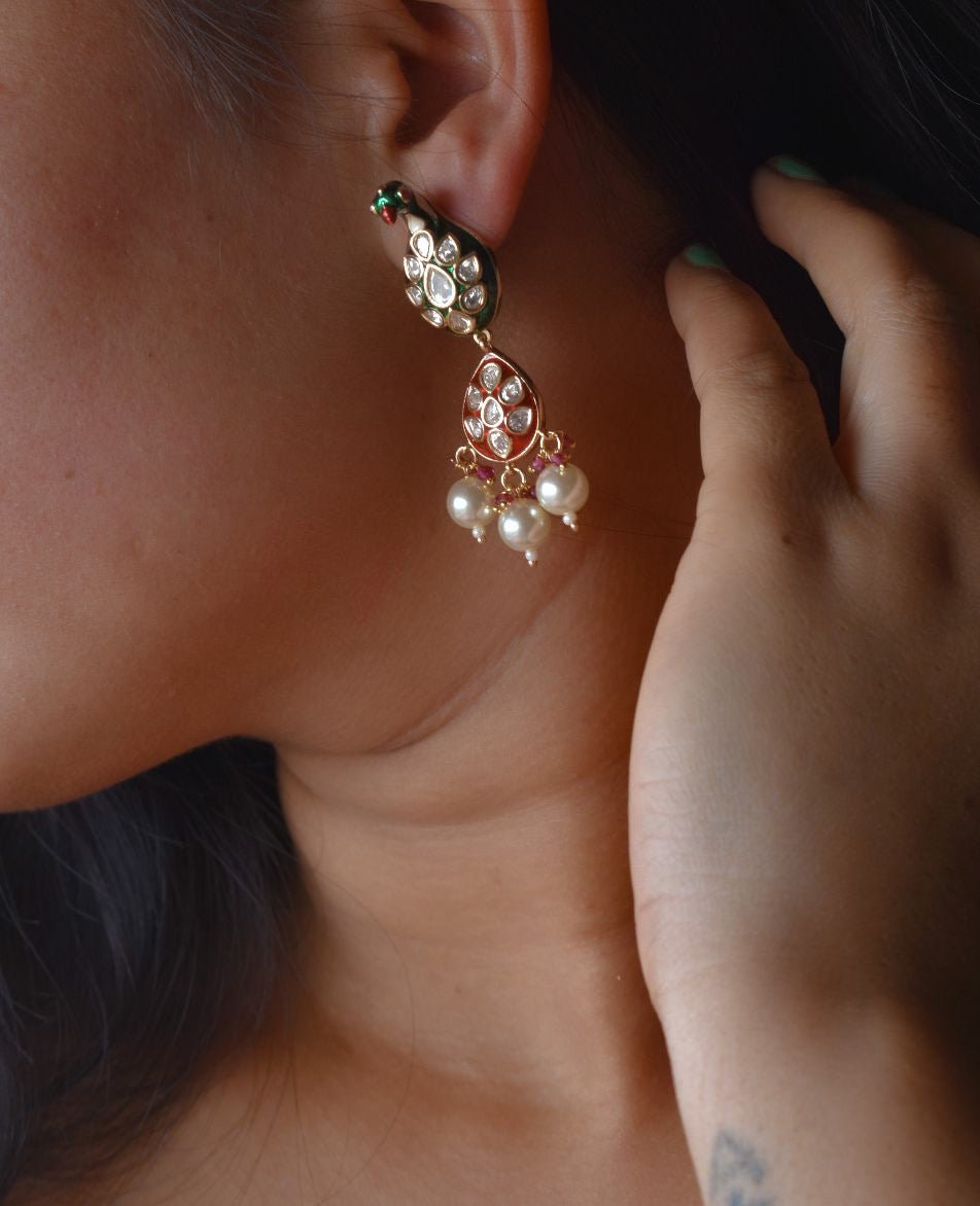 Peacock Meenakari Kundan Earrings - MR Jewels