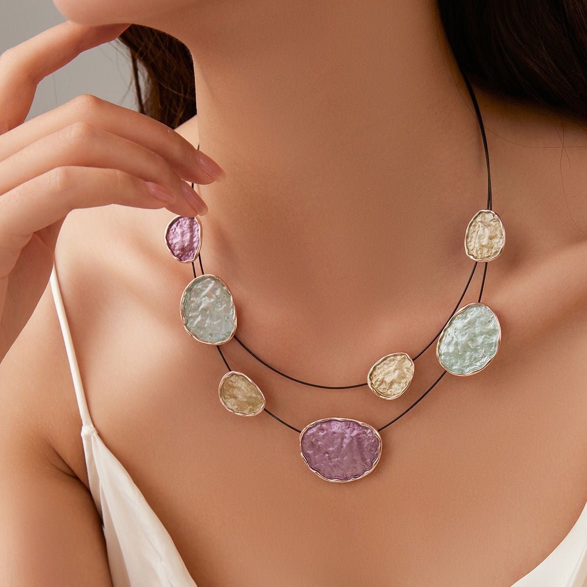 Pebble Shapes Double Wire Multicolor Necklace - MR Jewels