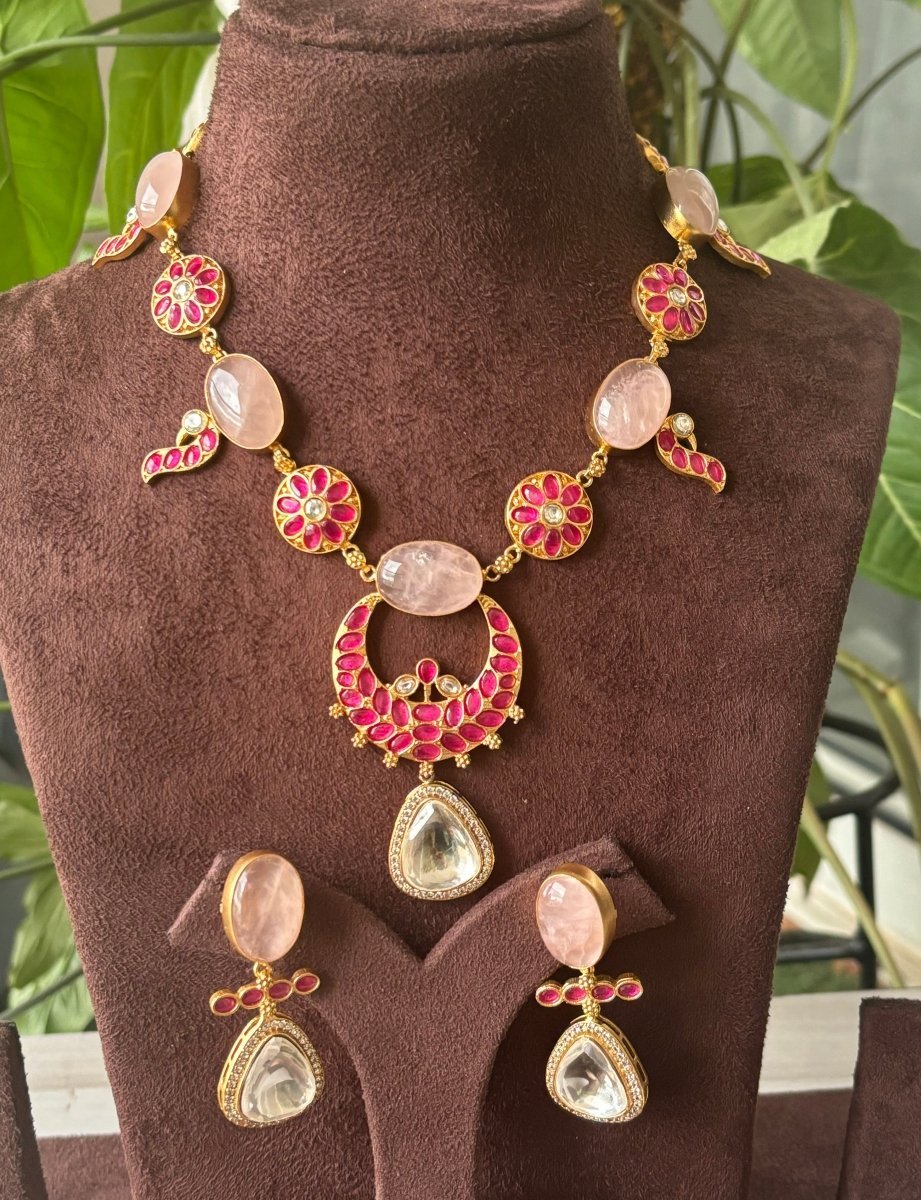 Pink and Ruby Floral Necklace Set with Teardrop Pendant - MR Jewels