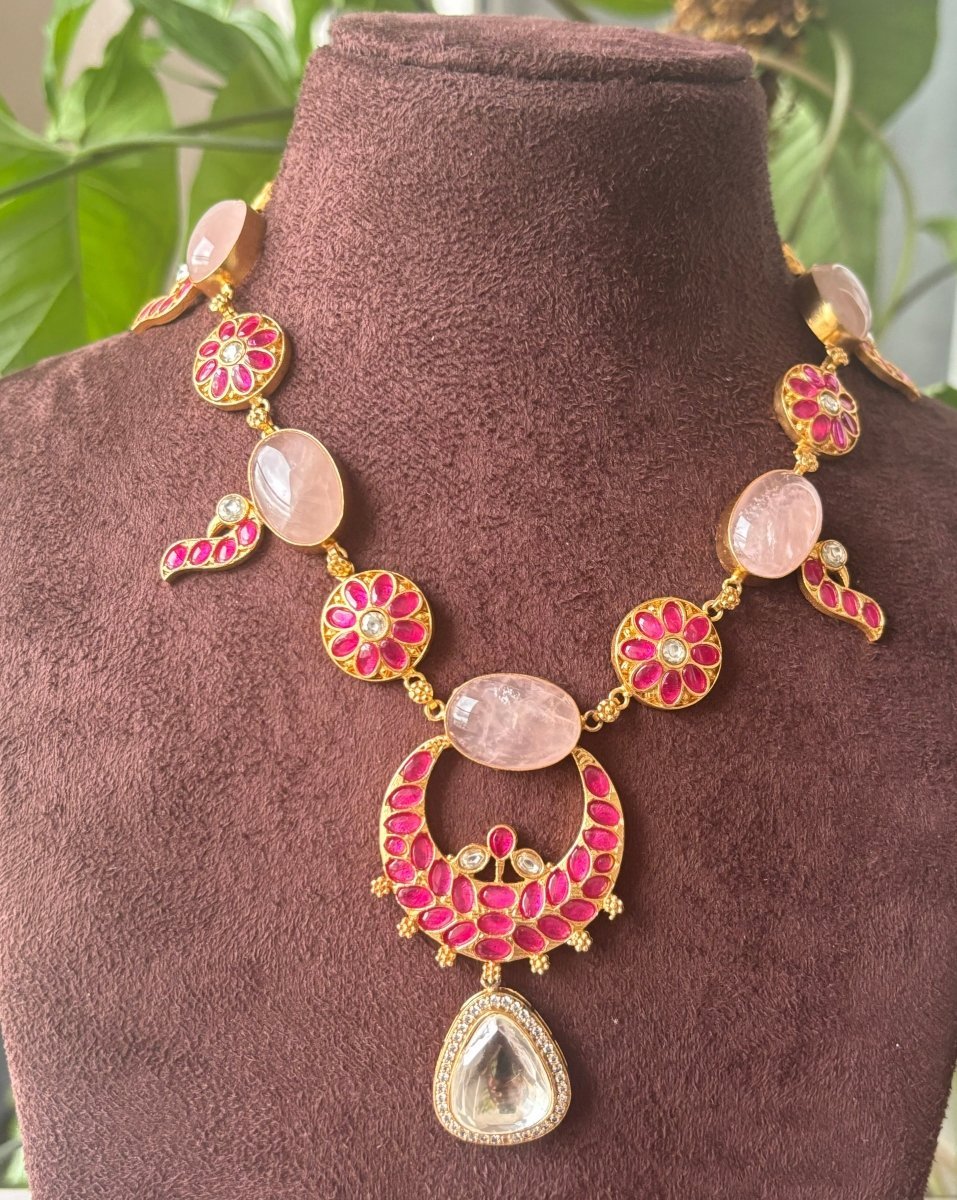 Pink and Ruby Floral Necklace Set with Teardrop Pendant - MR Jewels