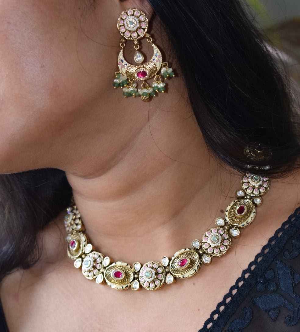 Polki Enamel Heritage Necklace Set with matching earrings - MR Jewels