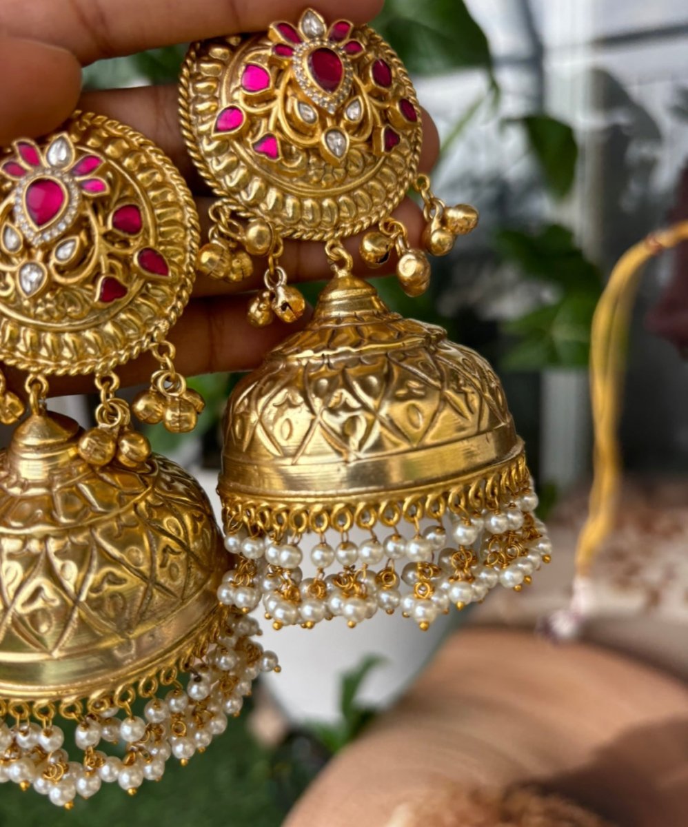 Rajputi Grandeur Golden Big Jhumka Earrings - MR Jewels