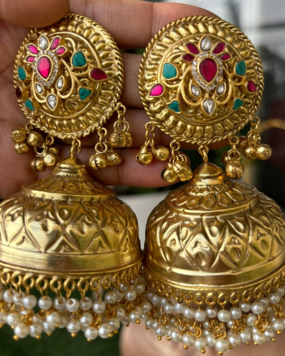 Rajputi Grandeur Golden Big Jhumka Earrings - MR Jewels