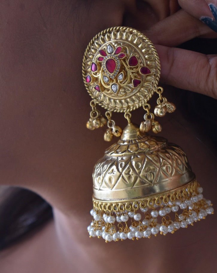 Rajputi Grandeur Golden Big Jhumka Earrings - MR Jewels