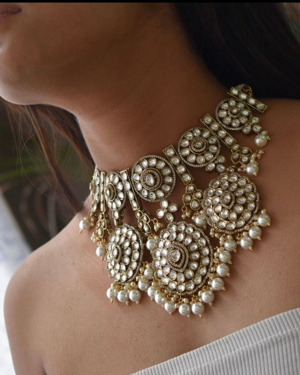 Rajwada Elegance Pearl Choker Set with maangtika and earrings - MR Jewels