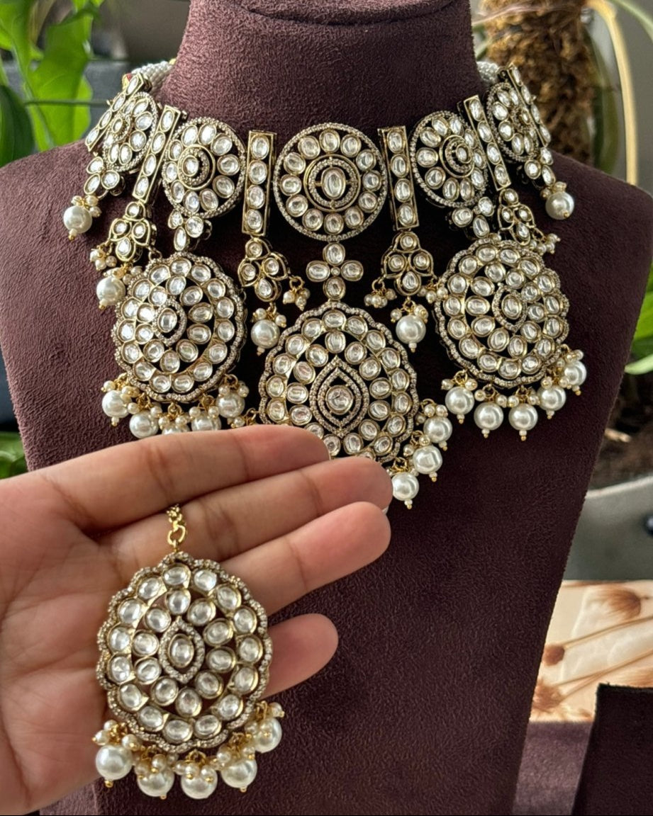 Rajwada Elegance Pearl Choker Set with maangtika and earrings - MR Jewels