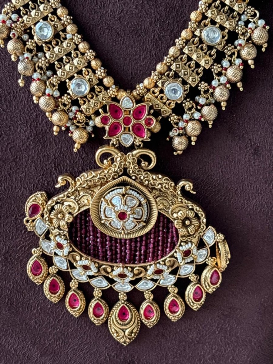 Rajwadi Traditional Necklace Set with Intricate Design | Elegant Gold and Ruby Jewellery - MR Jewels