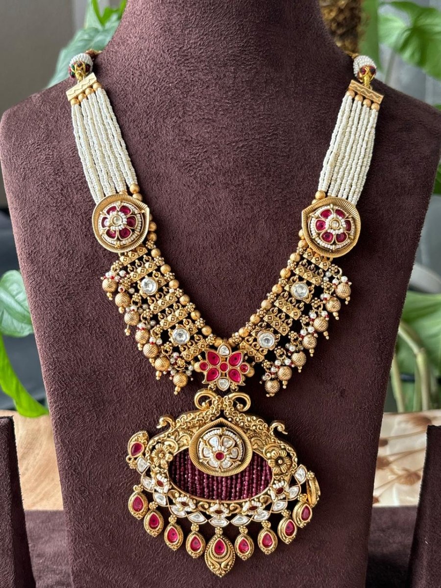 Rajwadi Traditional Necklace Set with Intricate Design | Elegant Gold and Ruby Jewellery - MR Jewels