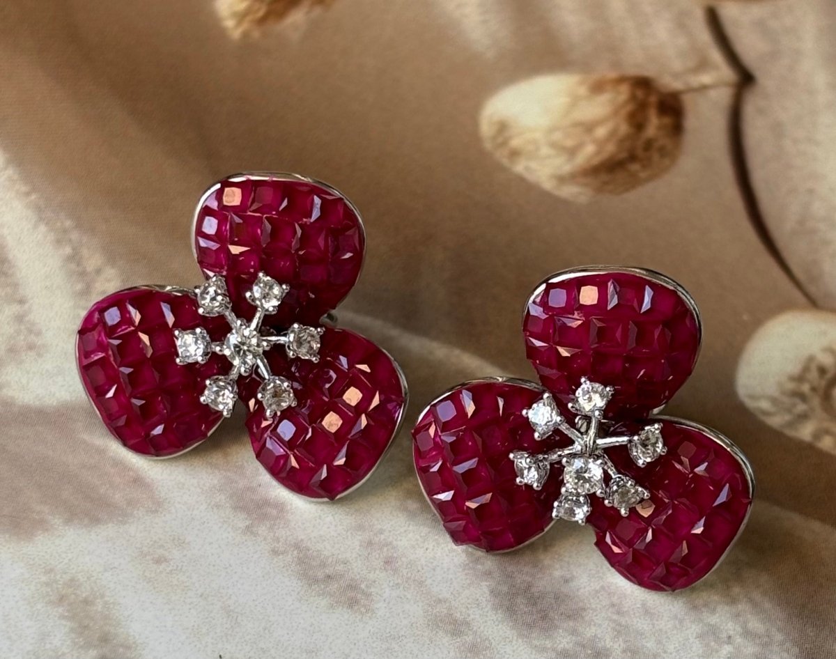 Red Ruby Earrings with invisible setting - MR Jewels