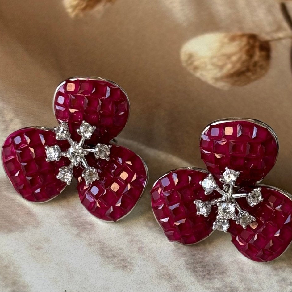 Red Ruby Earrings with invisible setting - MR Jewels